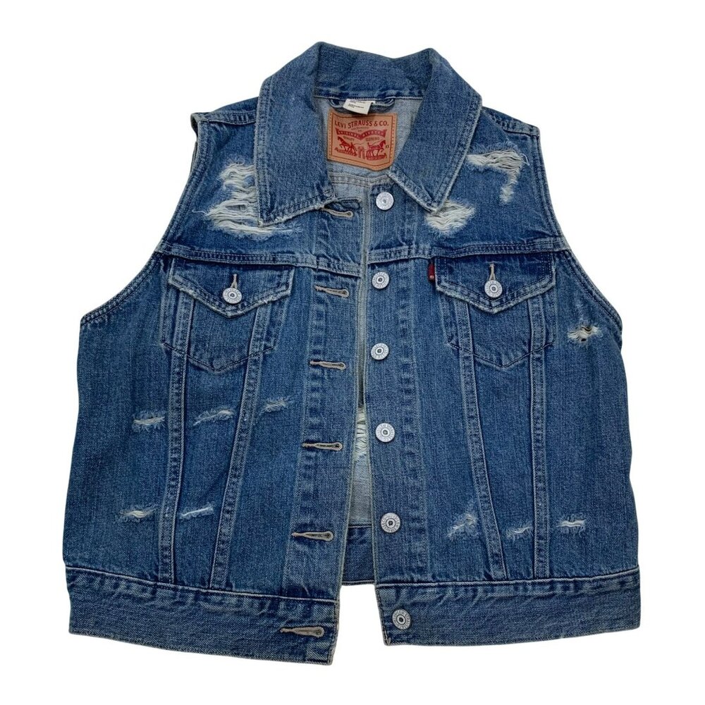 Levis Distressed Denim Vest Jacket Button-Up Sleeveless Blue